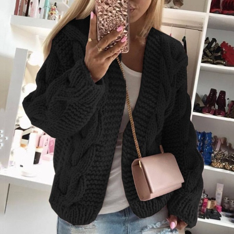 Chunky Knit Oversized Cardigan – Cable Knit Open Front Long Sleeve