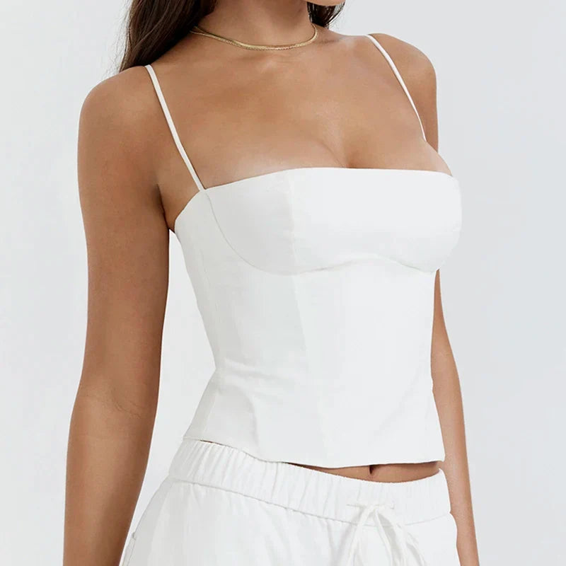 Bustier Crop Top – Spaghetti Strap Square Neck White Cami