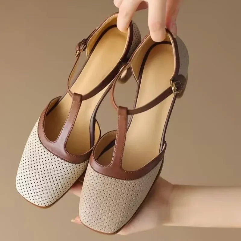 T-Strap Block Heel Pumps – Square Toe Two-Tone Mid Heel