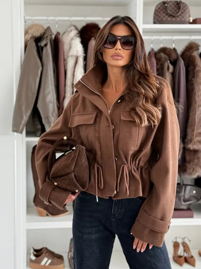 Cropped Utility Jacket – Drawstring Waist Zip-Up Long Sleeve
