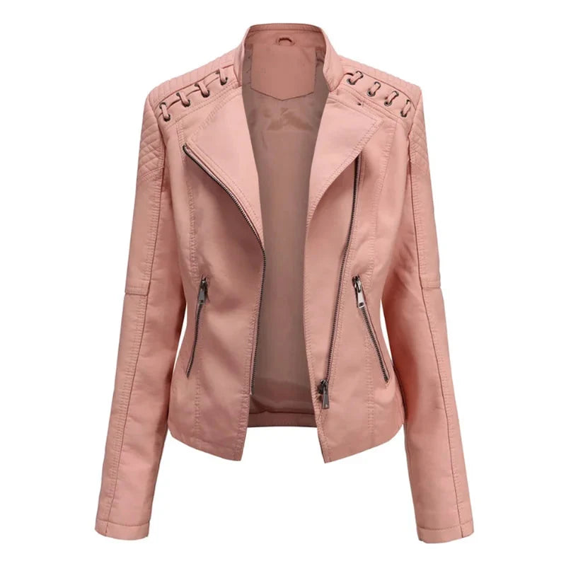 Faux Leather Moto Jacket – Slim Fit Biker Jacket with Zip Pockets