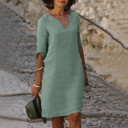 Women's V-Neck Short Sleeve Cotton Midi Dress – Casual Everyday Summer Dress