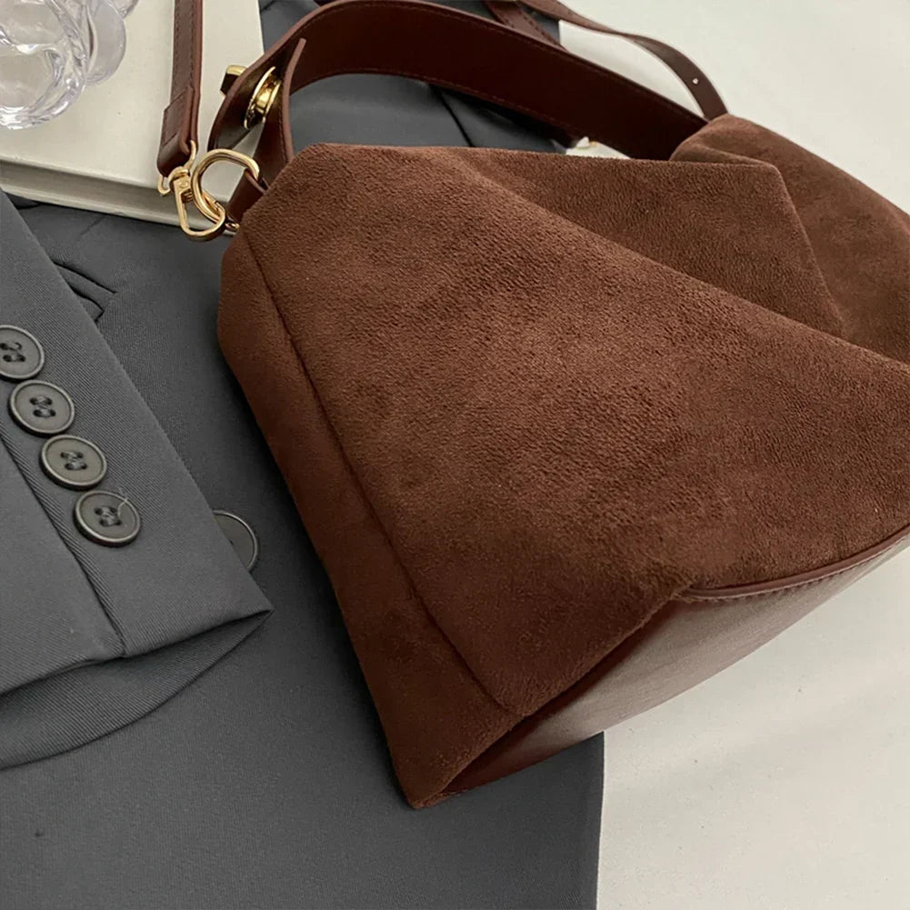 Suede Shoulder Bag with Top Handle – Zip Crossbody Gold Hardware