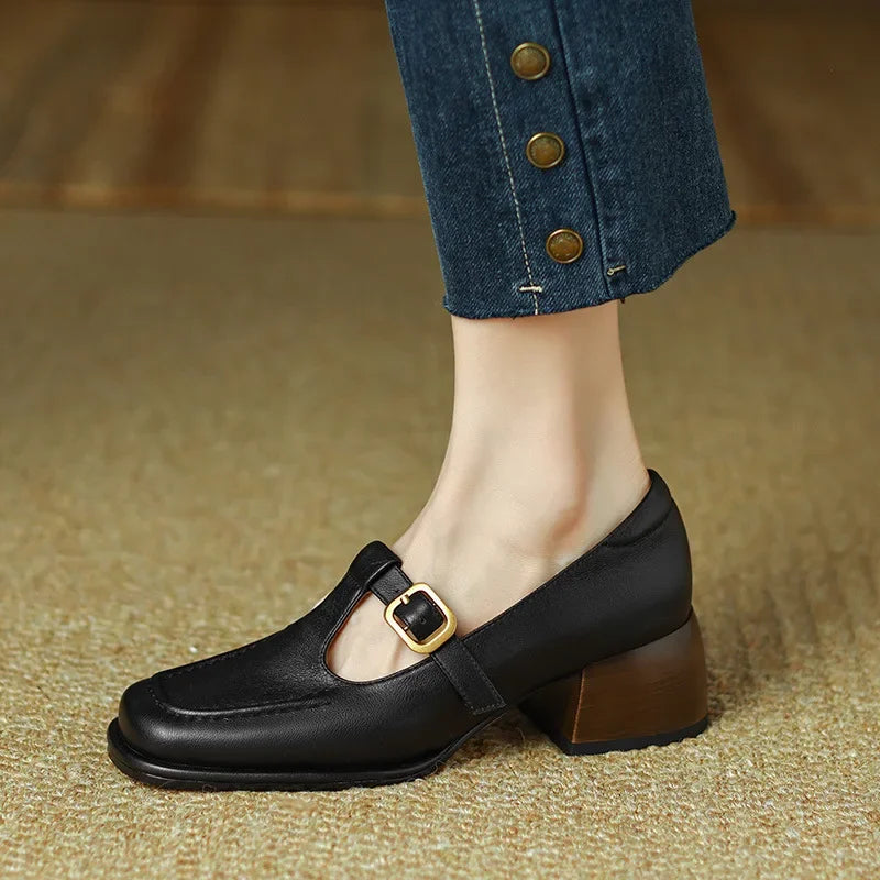 Leather T-Strap Mary Jane Heels – Square Toe Block Heel Buckle