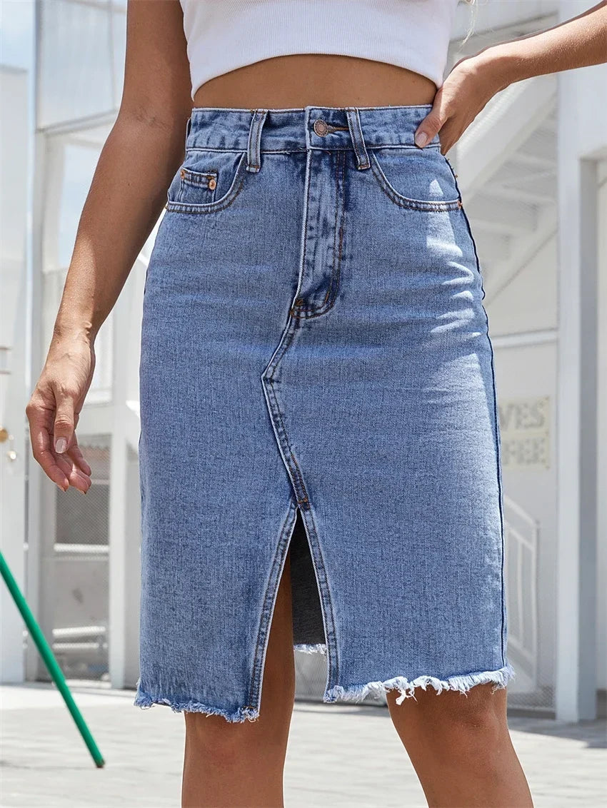 High-Waisted Denim Midi Skirt – Front Slit Raw Hem Jean Skirt