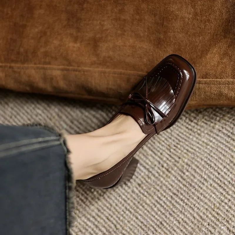 Patent Leather Tassel Loafer Pumps – Block Heel Round Toe