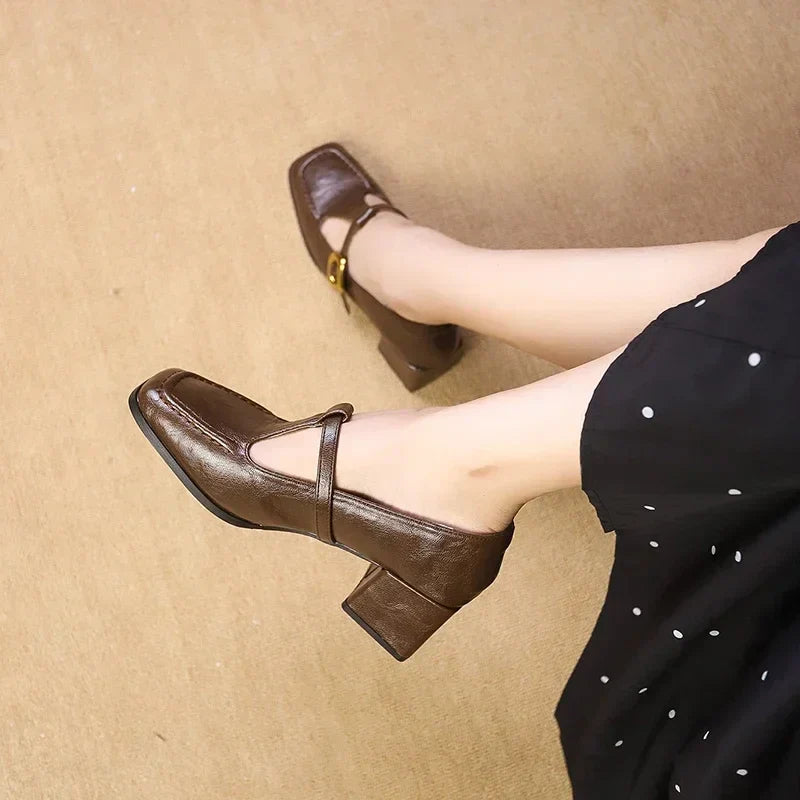 Square Toe Mary Jane Block Heel Pumps – T-Bar Buckle Retro Heels