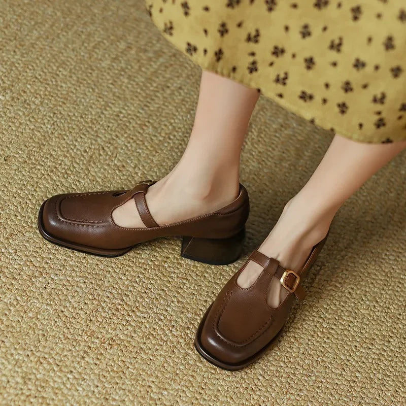 Leather T-Strap Mary Jane Heels – Square Toe Block Heel Buckle