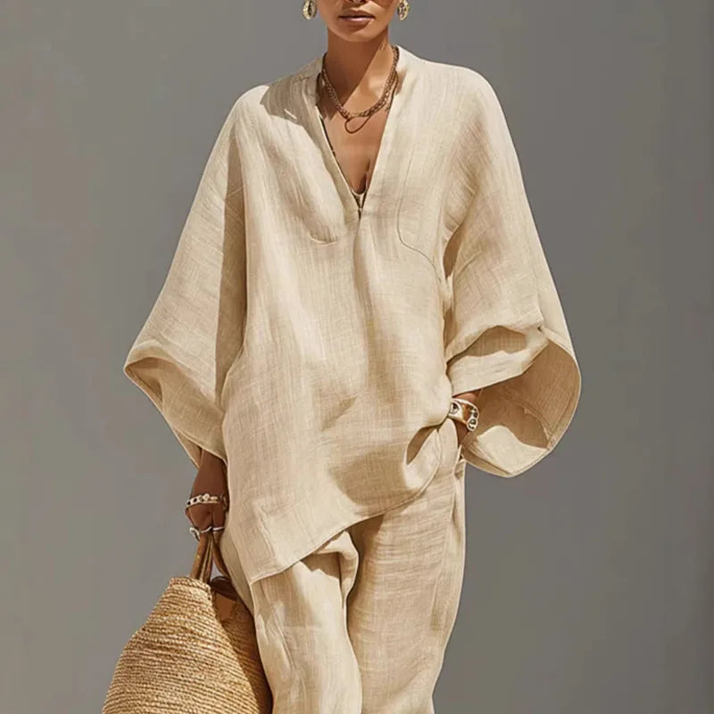 Linen Batwing Sleeve Two Piece Set – V-Neck Top Tapered Pants