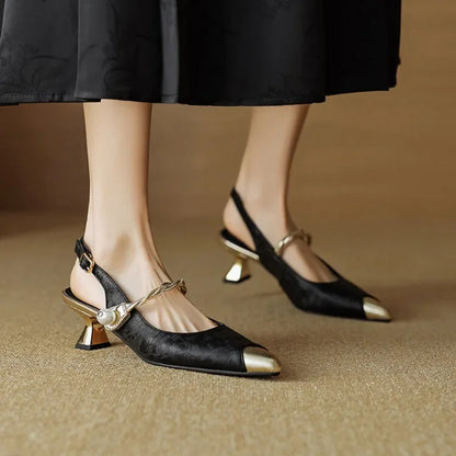 Floral Satin Kitten Heel Slingback Pumps – Pointed Toe Pearl Strap