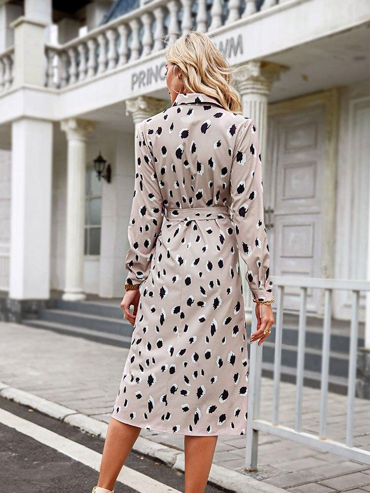 Animal Print Shirt Midi Dress – Belted Long Sleeve A-Line