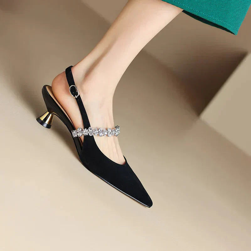 Rhinestone Slingback Heels – Pointed Toe Crystal Strap Pumps