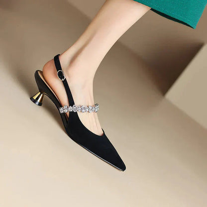Rhinestone Slingback Heels – Pointed Toe Crystal Strap Pumps