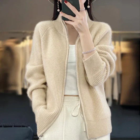 Ribbed Knit Zip-Up Cardigan – Stand Collar Long Sleeve Sweater Jacket
