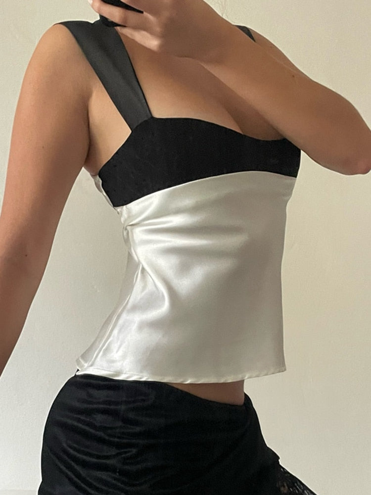 Satin Backless Crop Top – Two-Tone Plunge Neck Tie-Back