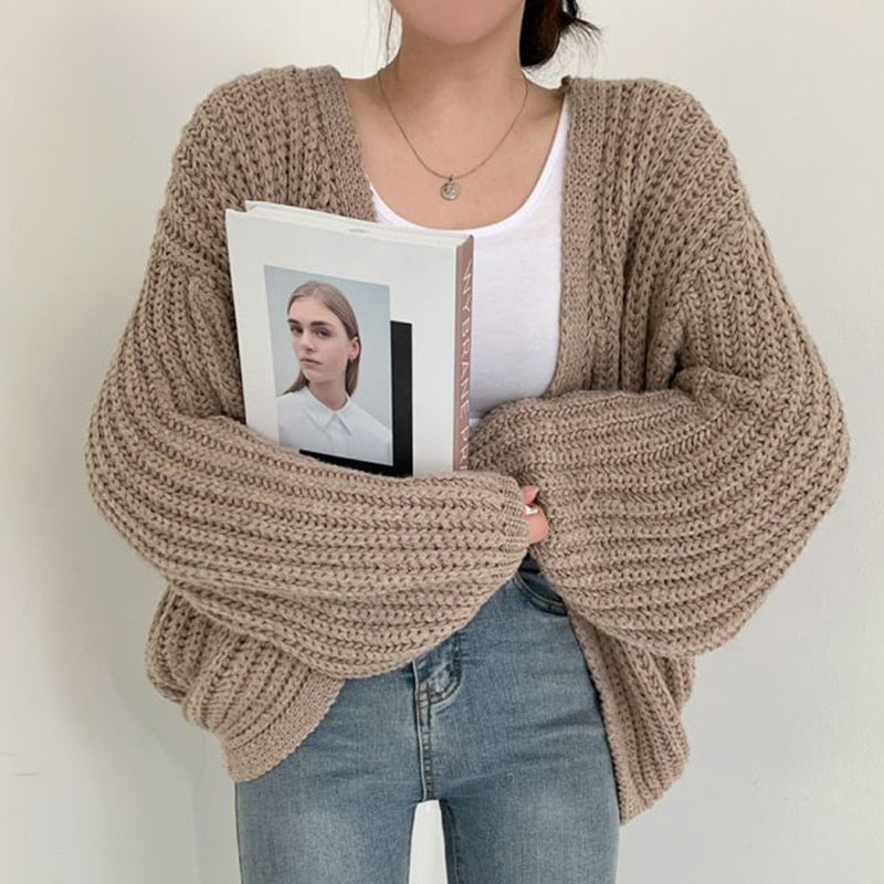 Chunky Knit Oversized Cardigan – Open Front Balloon Sleeve