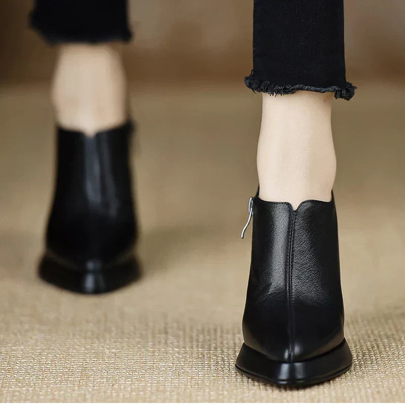 Leather Platform Block Heel Pumps – Pointed Toe Side Zip