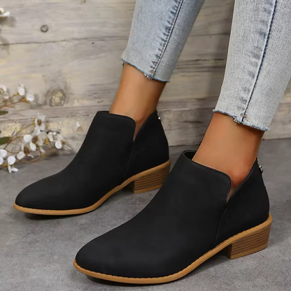 Pointed Toe Ankle Boots Block Heel – V-Cutout Back Zip Booties