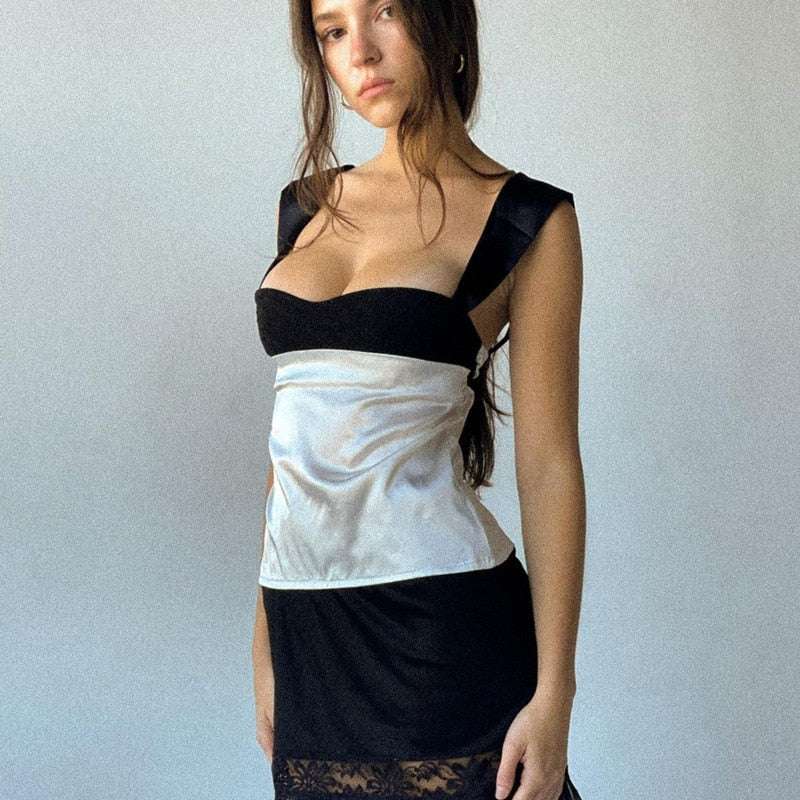 Satin Backless Crop Top – Two-Tone Plunge Neck Tie-Back
