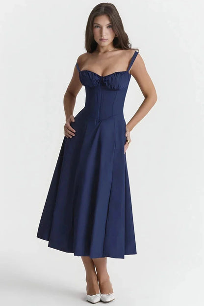 Women's Corset Bustier Midi Dress – Floral A-Line Summer Dress with Side Slit