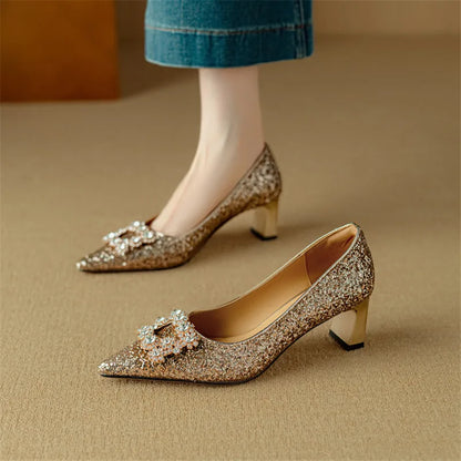 Glitter Block Heel Pumps – Pointed Toe Rhinestone Party Heels