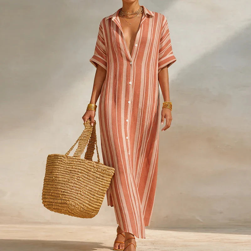 Striped Linen Blend Maxi Shirt Dress – Loose Button-Front Summer Dress