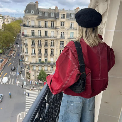 Oversized Faux Leather Bomber Jacket – Red Contrast Stitch Zip-Up