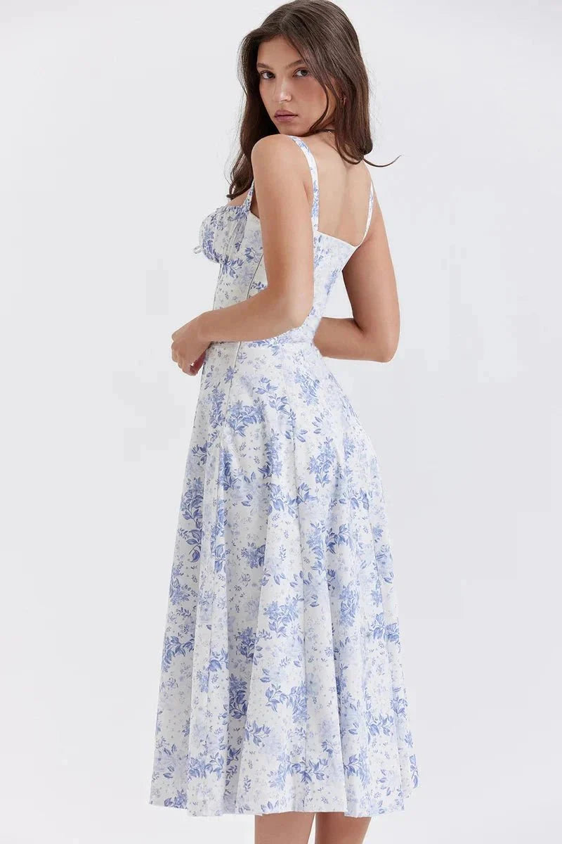 Women's Corset Bustier Midi Dress – Floral A-Line Summer Dress with Side Slit