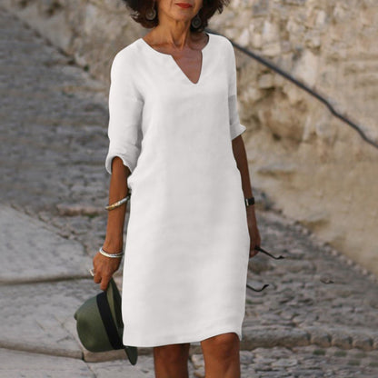 Women's V-Neck Short Sleeve Cotton Midi Dress – Casual Everyday Summer Dress