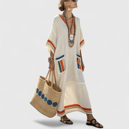 Linen Boho Maxi Dress – V-Neck 3/4 Sleeve with Pockets