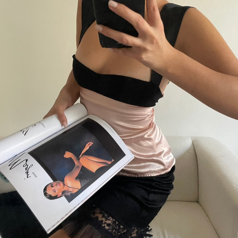 Satin Backless Crop Top – Two-Tone Plunge Neck Tie-Back