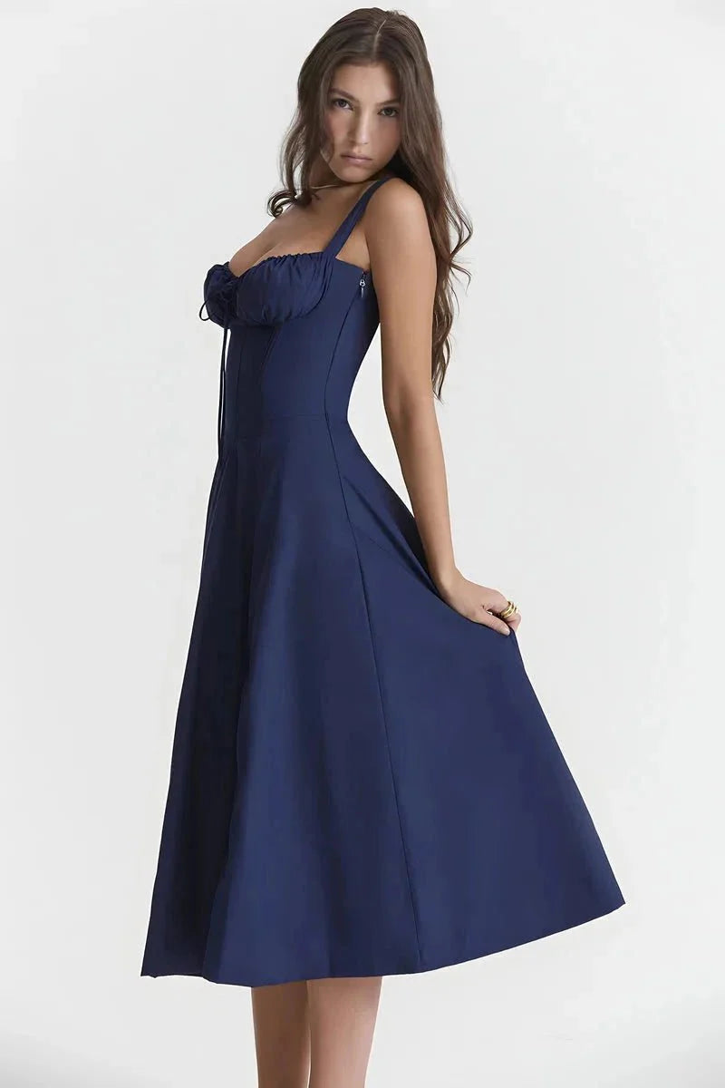 Women's Corset Bustier Midi Dress – Floral A-Line Summer Dress with Side Slit