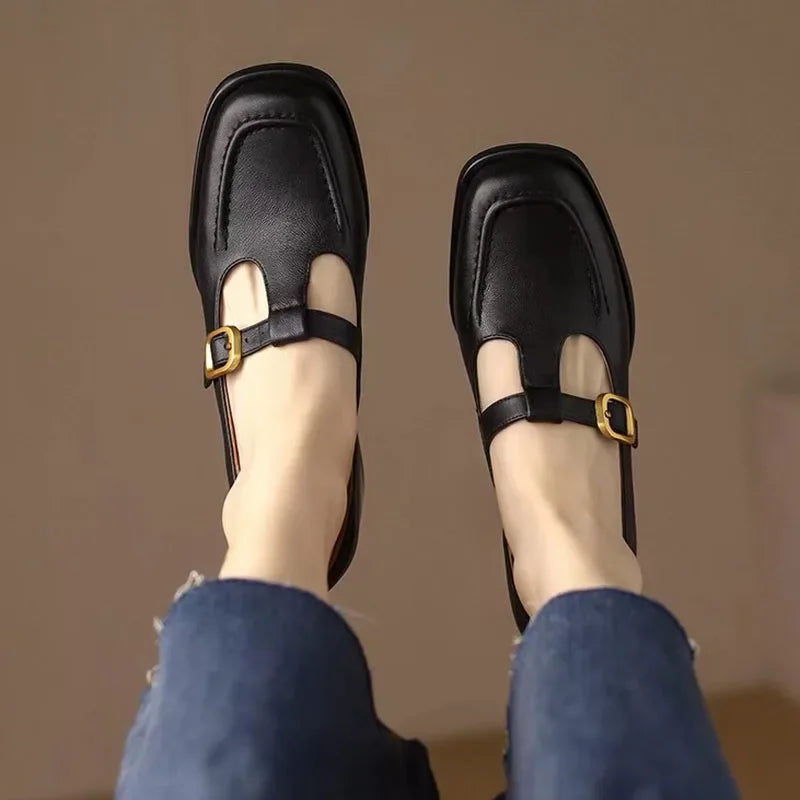 Leather T-Strap Mary Jane Heels – Square Toe Block Heel Buckle