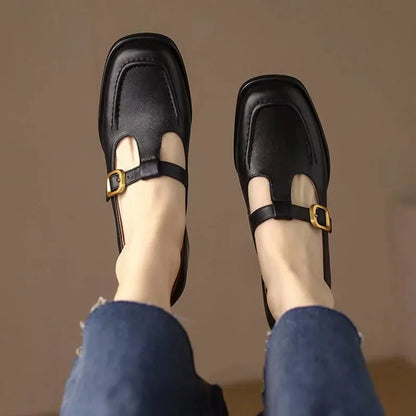 Leather T-Strap Mary Jane Heels – Square Toe Block Heel Buckle