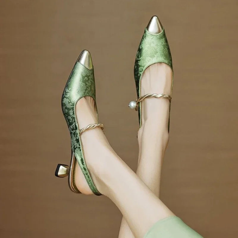 Floral Satin Kitten Heel Slingback Pumps – Pointed Toe Pearl Strap