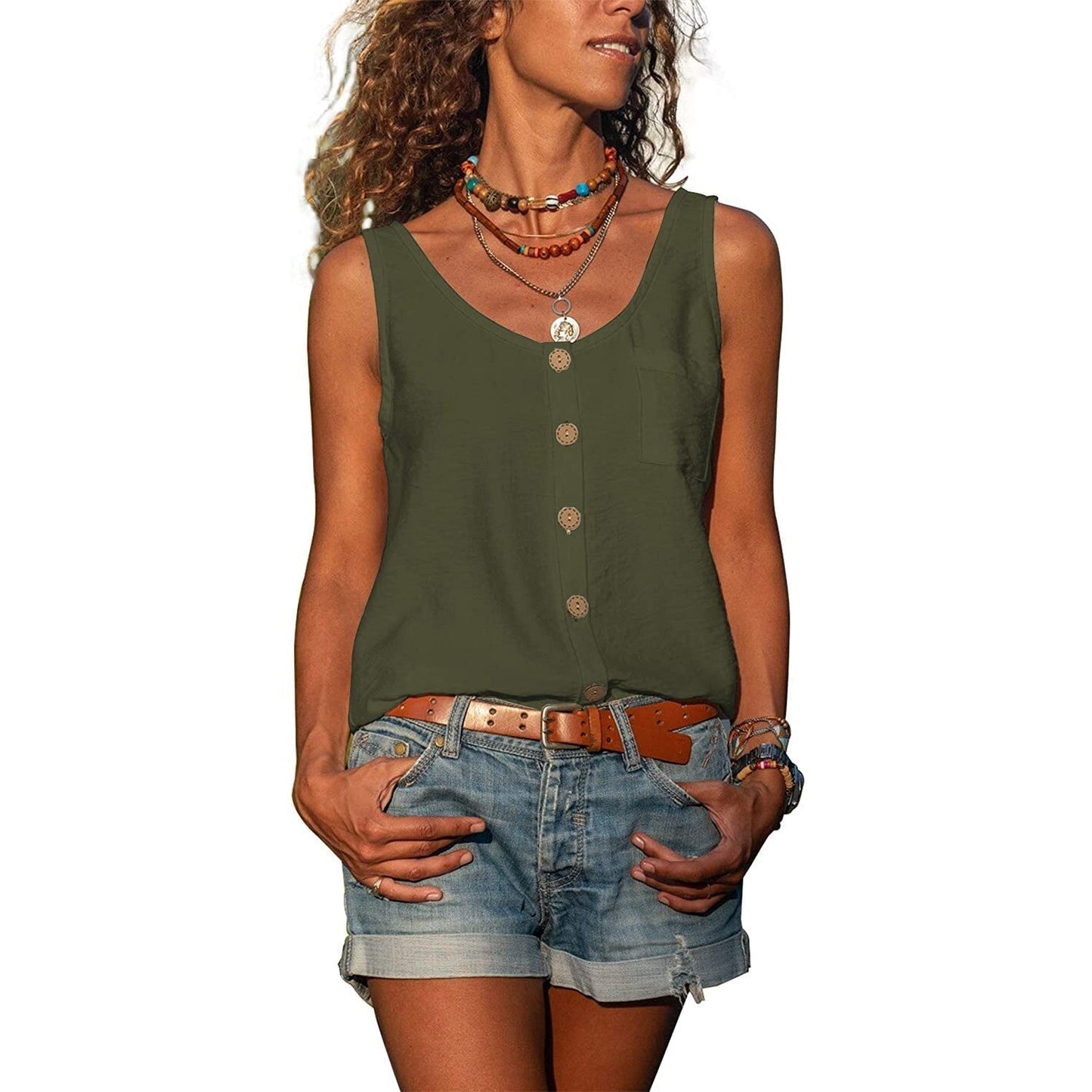 Women's Boho Button-Front Tank Top – Sleeveless Casual Summer Top