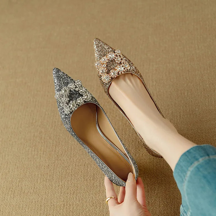 Glitter Block Heel Pumps – Pointed Toe Rhinestone Party Heels