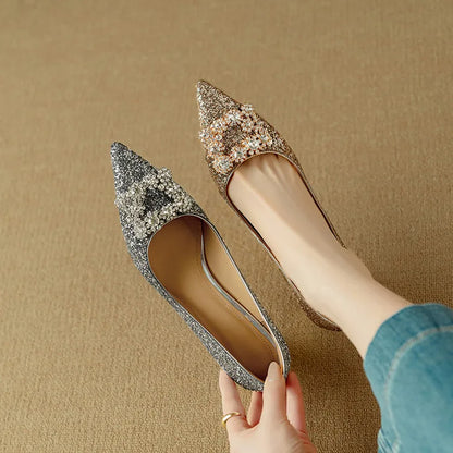 Glitter Block Heel Pumps – Pointed Toe Rhinestone Party Heels