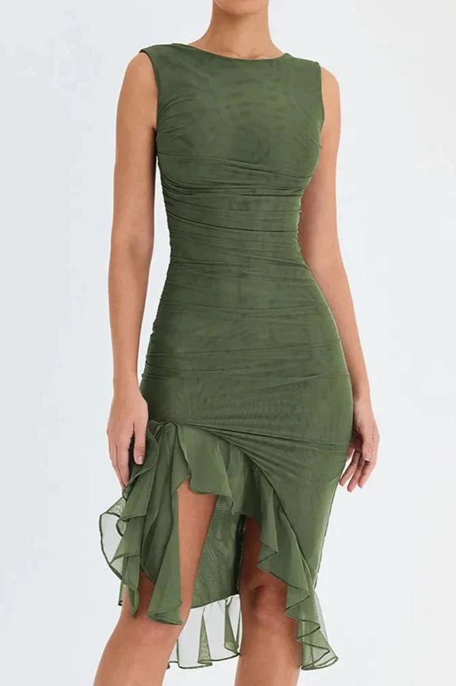 Women's Ruched Mesh Midi Dress – Sleeveless Bodycon with Ruffle Hem