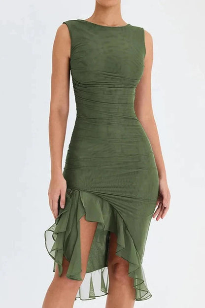 Women's Ruched Mesh Midi Dress – Sleeveless Bodycon with Ruffle Hem