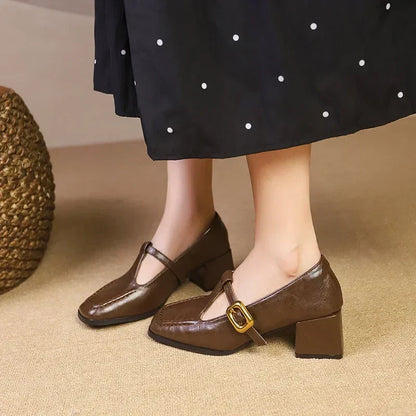 Square Toe Mary Jane Block Heel Pumps – T-Bar Buckle Retro Heels