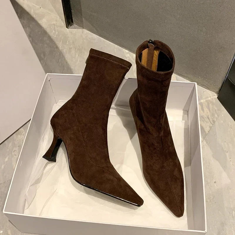 Pointed Toe Sock Ankle Boots – Suede Stiletto Heel Booties