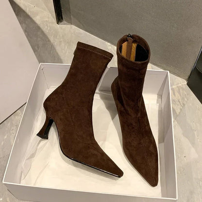 Pointed Toe Sock Ankle Boots – Suede Stiletto Heel Booties