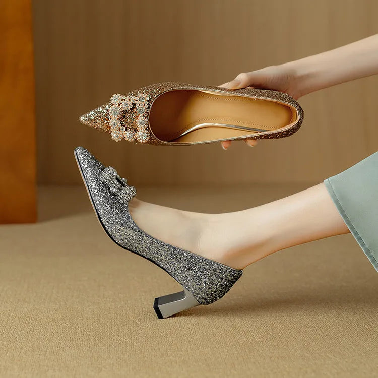 Glitter Block Heel Pumps – Pointed Toe Rhinestone Party Heels