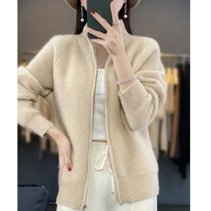 Ribbed Knit Zip-Up Cardigan – Stand Collar Long Sleeve Sweater Jacket