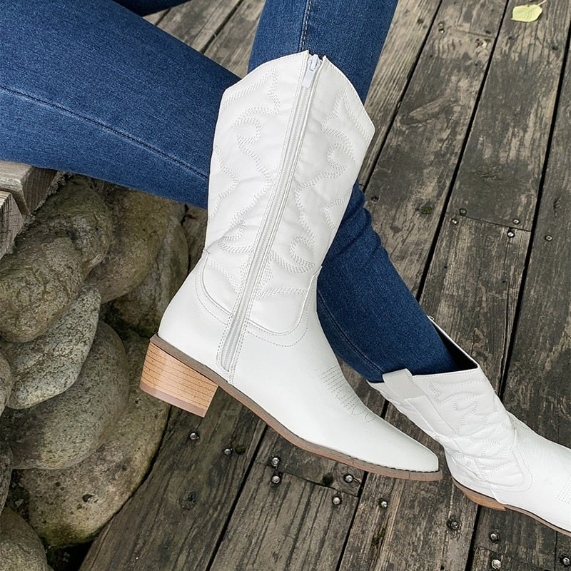 Embroidered Western Cowboy Boots – Mid-Calf Pointed Toe Block Heel