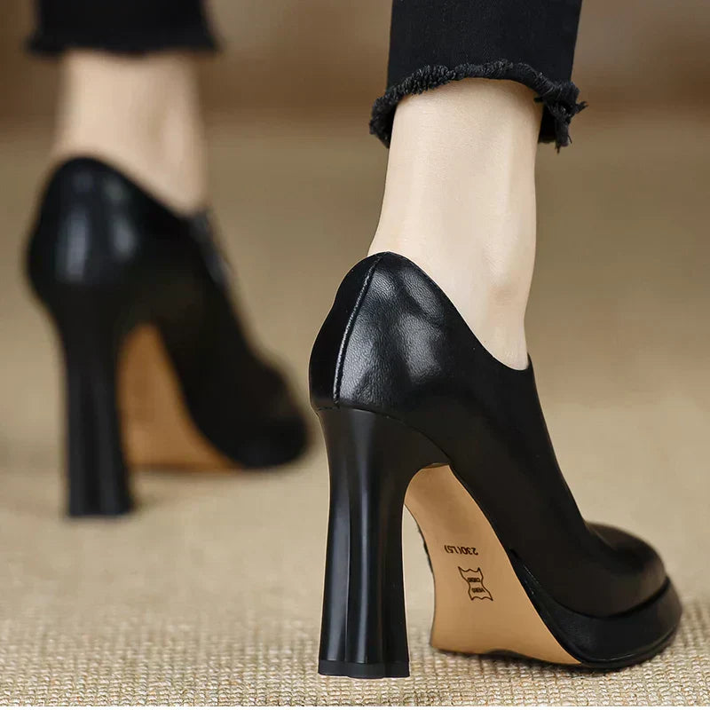 Leather Platform Block Heel Pumps – Pointed Toe Side Zip