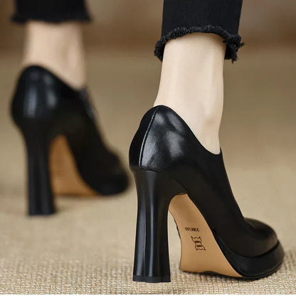Leather Platform Block Heel Pumps – Pointed Toe Side Zip