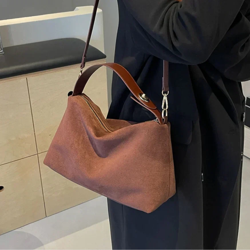 Suede Shoulder Bag with Top Handle – Zip Crossbody Gold Hardware