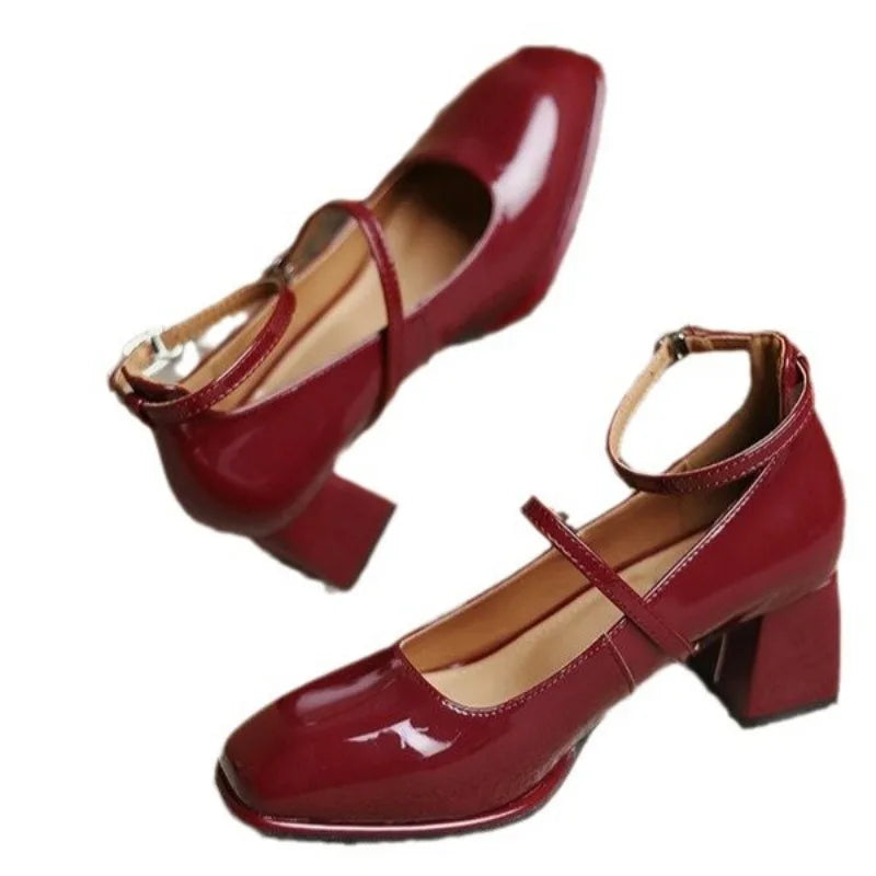 Patent Mary Jane Block Heel Pumps – Square Toe Ankle Strap